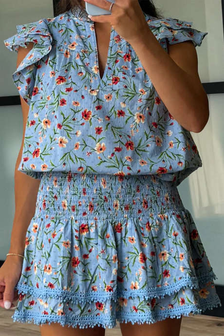 Sky Blue Floral Print V Neck Ruffle Short Sleeve Smocked High Waist Mini Skirt 2pcs Outfit