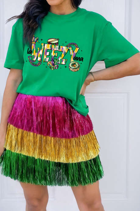 T-shirt festif vert vif WEEZY à motif graphique pour Mardi Gras LC25230866-P109