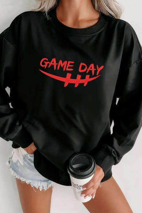 Sweat-shirt décontracté à enfiler avec broderie graphique GAME DAY noir LC25321174-2