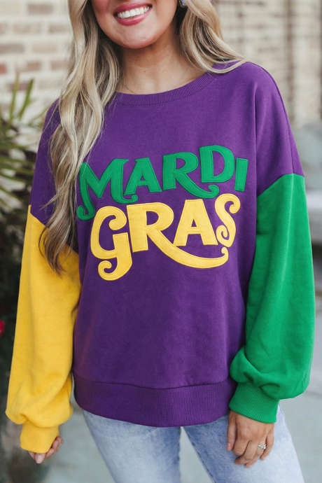 Fialový top Tillandsia s volnými rameny a barevnými bloky MARDI GRAS