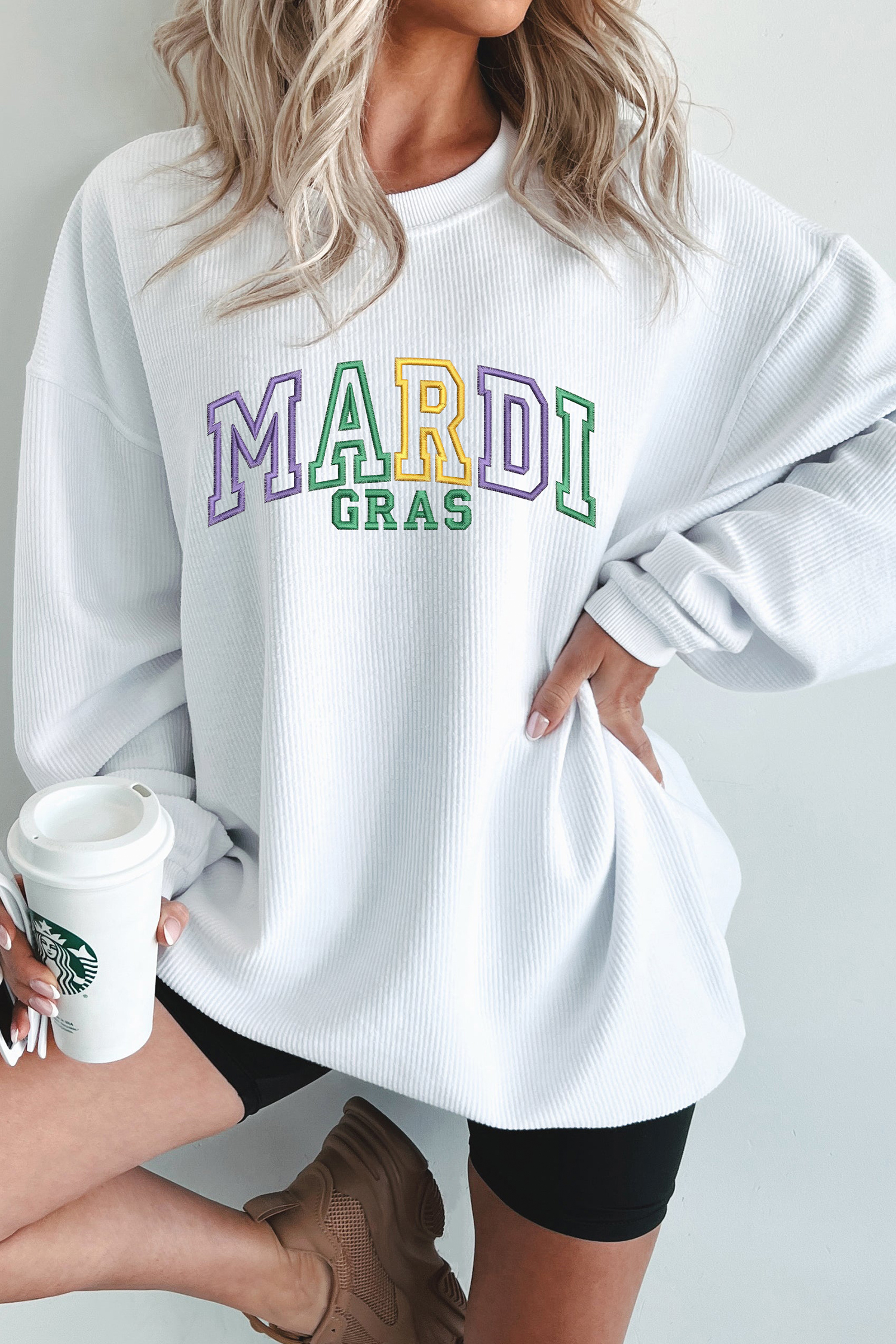 $8.97 White Oversize Corded MARDI GRAS Embroidered Sweatshirt
