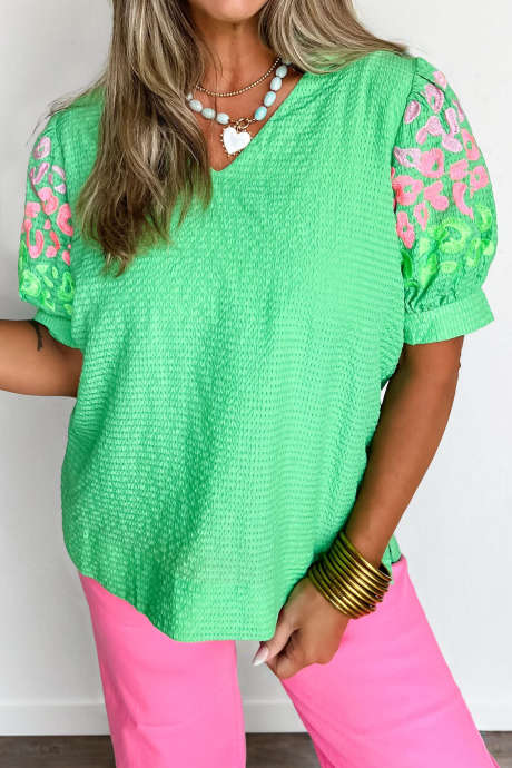 Green Embroidered Short Bubble Sleeve Textured Top