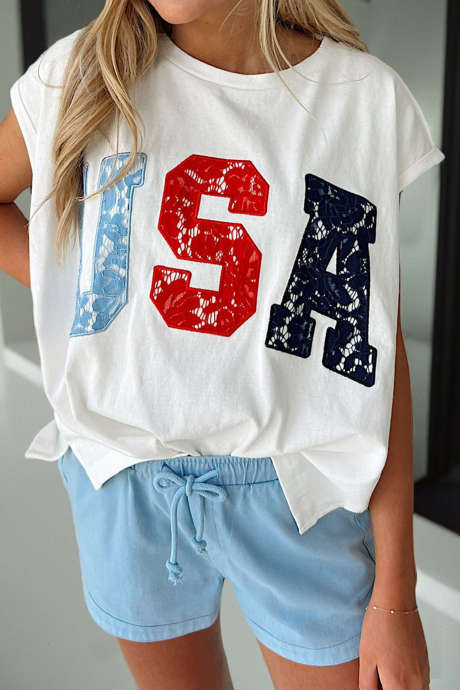 White USA Lacy Letter Graphic Relaxed Top