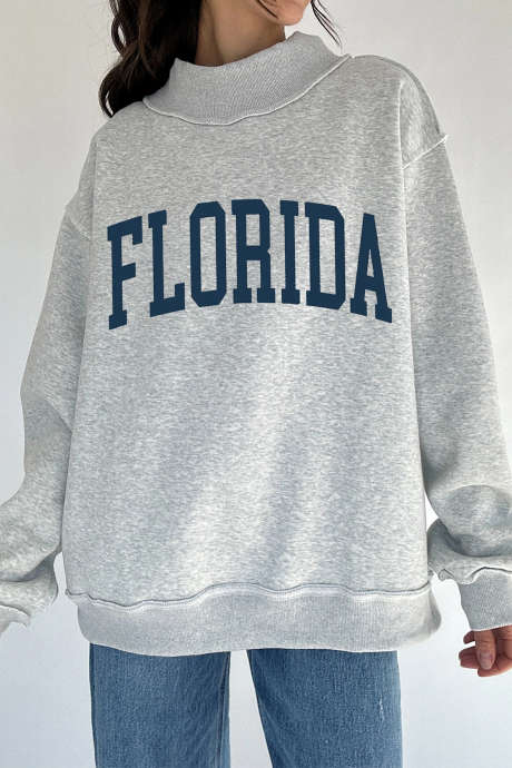 Light Grey FL FLORIDA Double Side Printed Mock Neck Reversible Sweatshirt