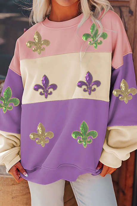 Meadow Mauve Colorblock Sequined Fleur De Lis Sweatshirt LC25321187-P1208