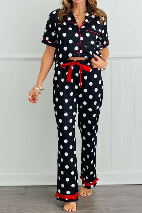 Komplet piżamowy z falbanką w czarne kropki Darling