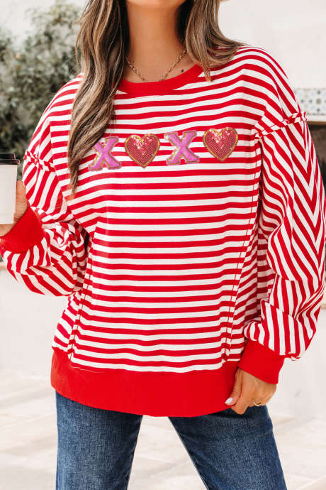 Red Stripe XOXO Sequin Heart Patched Valentines Day Long Sleeve Top