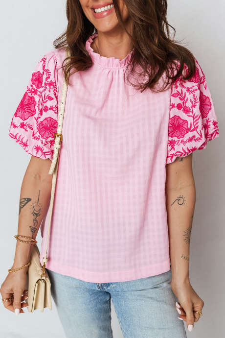 Pink Plaid Frilled Neck Contrast Embroidered Short Sleeve Blouse