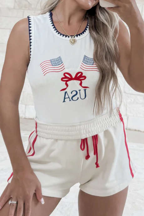 White USA Bow Flag Embroidered Contrast Trim Round Neck Tank Top
