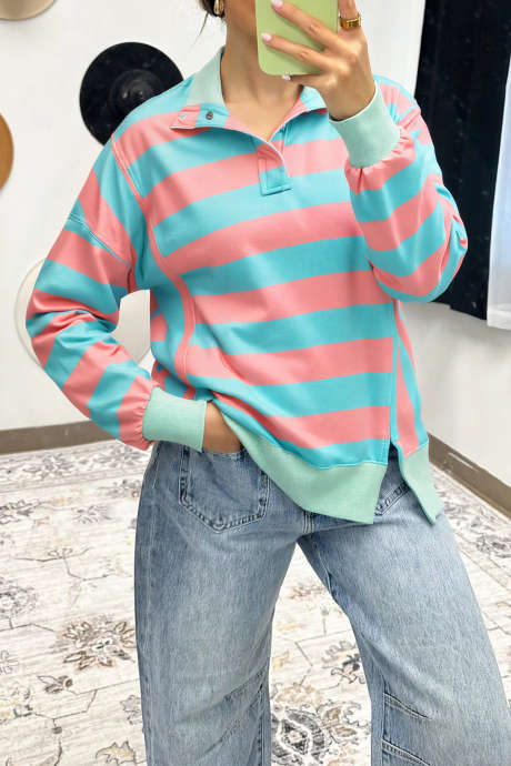 Pink Stripe Colorblock Drop Shoulder Buttoned Collar Side Slit Pullover Top LC25135291-P1019