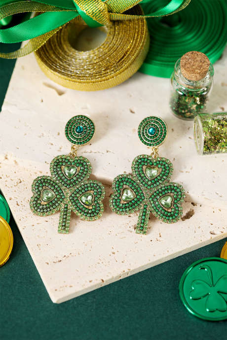 Green St Patrick Retro Beaded Clover Earrings