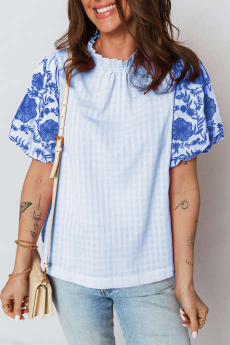 Light Blue Plaid Frilled Neck Contrast Embroidered Short Sleeve Blouse