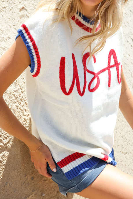 Vit USA Kontrastrandig Kant Rund Hals Kortärmad Tröja