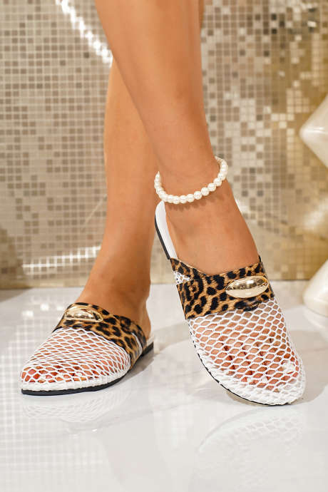 Beli votli mrežasti copati z ovalnim detajlom in kontrastnim pasom BH024222-P1