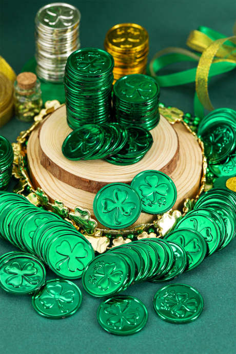 Jasnozielone, 100 szt./opakowanie, metaliczne, plastikowe monety z koniczynką szczęścia na dzień św. Patryka BH052045-P109