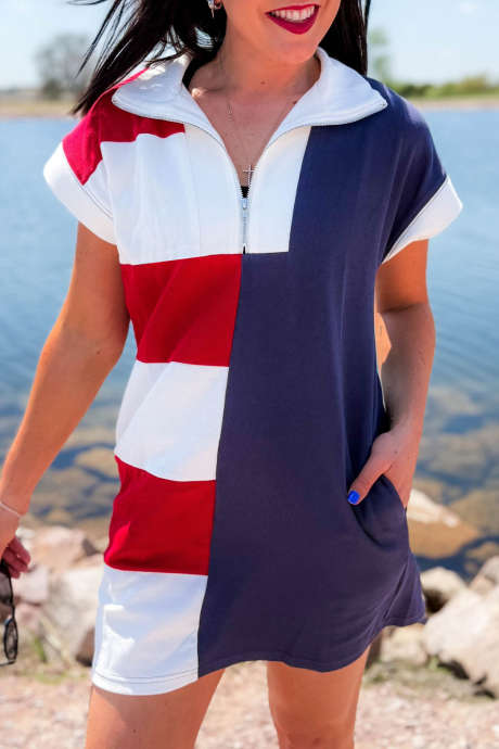 Navy Blue Americana Colorblock Stripes Zip up Collared T Shirt Mini Dress