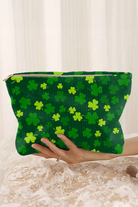 Czarnozielona kosmetyczka z nadrukiem koniczynki szczęścia z motywem św. Patryka, miękka, prążkowana BH031585-P309