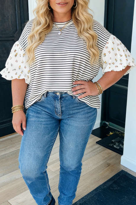 Black Stripe Floral Puff Sleeve Patchwork Round Neck Plus Size Loose Top