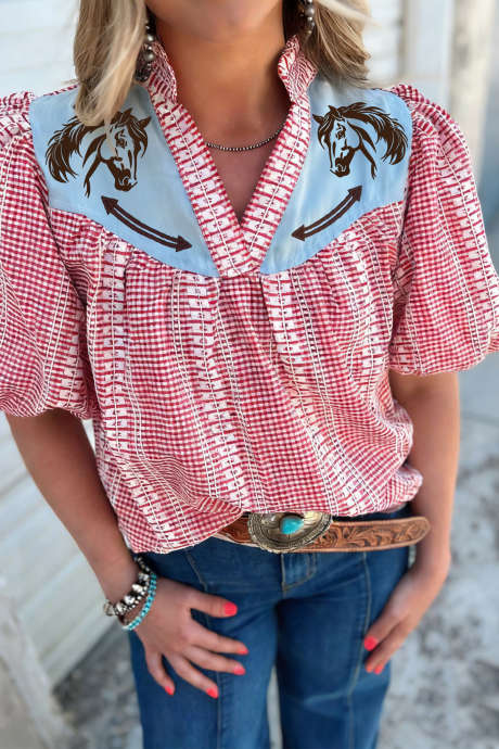 Punainen lännenponi-kirjailtu yoke-puffhihainen ruudullinen pusero