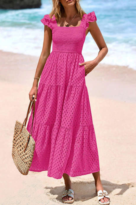 Bright Pink Embroidered Ruffled Sleeveless Tiered Maxi Dress with Pockets
