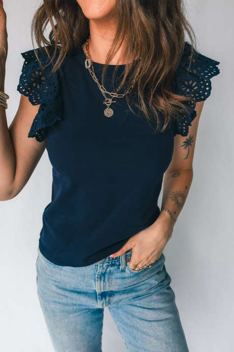 Black Embroidered Ruffled Sleeve Patchwork Slim Top