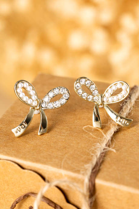 Gold Rhinestone Pearl Bow Earrings BH014659-P12