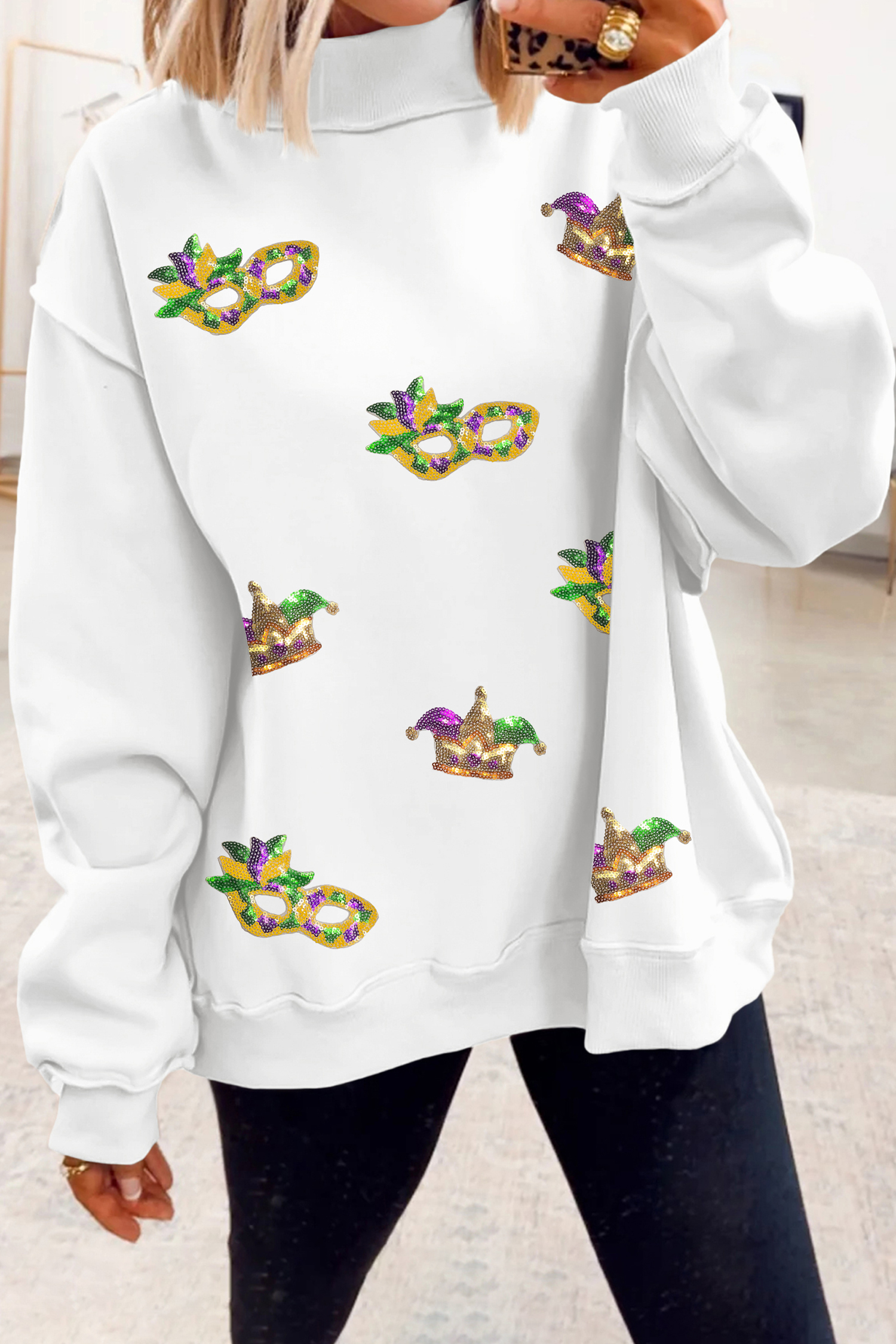 $9.9 White Mock Neck Sequined Mardi Gras Mask Holiday Sweatshirt