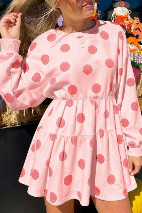 Rosa Minikleid mit Polka-Dot-Print, langen Ärmeln und ausgestelltem Rock