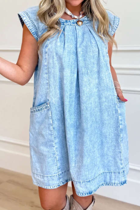 Beau Blue Loose Cap Sleeve Pleated Babydoll Denim Dress with Pockets