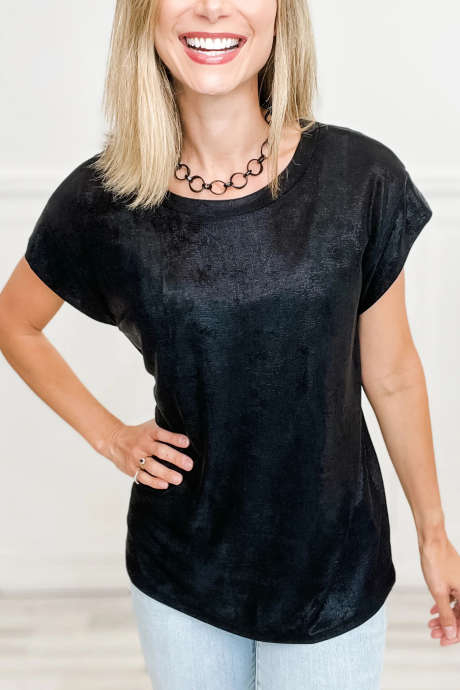 Black Metallic Round Neck Cap Sleeve Tee LC25230503-P2