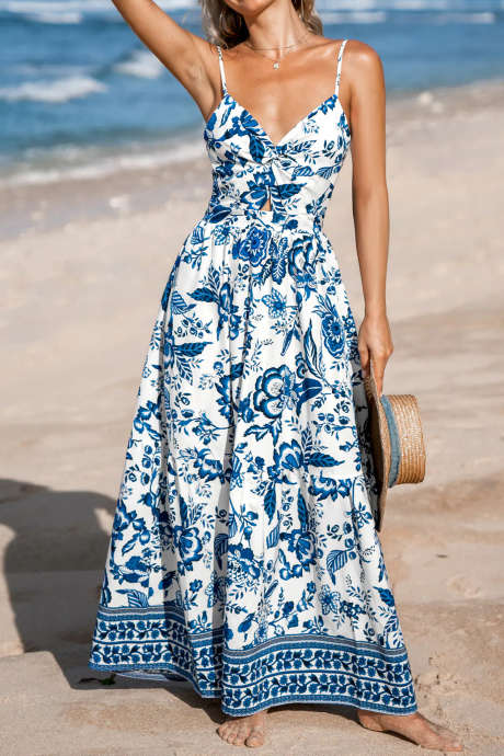 Taivaansininen kierretty rintakuva spagettiolkaimeton kukkakuvioinen maksimekko