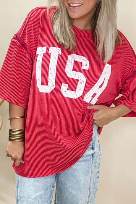 Fiery Red USA Graphic Half Sleeve Loose Ribbed Top