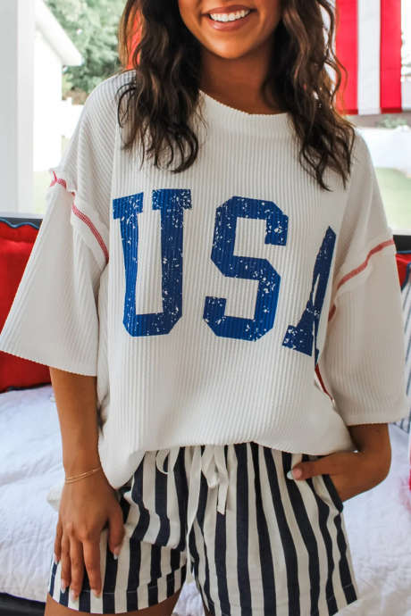 Valkoinen USA Graphic -puolihihainen väljä ribbineulospaita