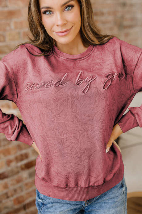 Mineralröd saved by grace Letter Embroidery Mineral Wash Loose Sweatshirt