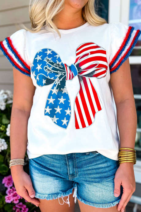 White American Flag Bow Contrast Trim Flutter Sleeve Top
