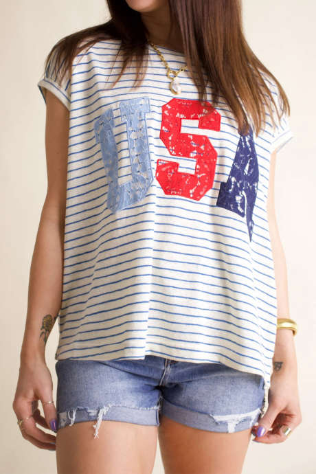 Sky Blue Stripe Lacy USA Graphic Loose Tee