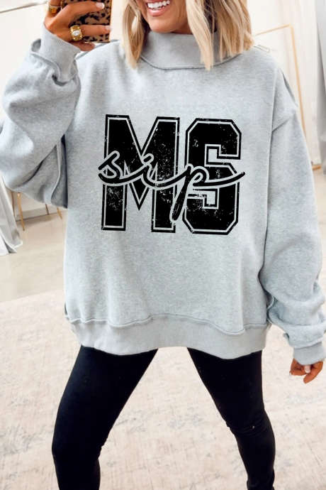 Light Grey MS MISSISSIPPI Double Side Printed Mock Neck Reversible Sweatshirt
