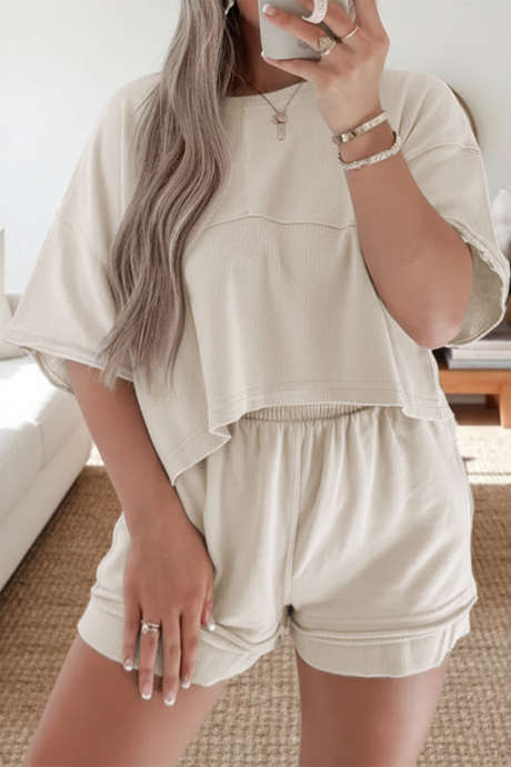 Jet Stream Jednolity kolor Kontrast Teksturowany Patchwork Surowe Krawędzie 2 szt. Krótki zestaw