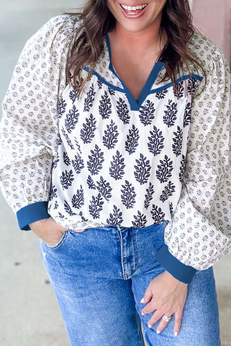 Vit Plus Size Boho Blommigt Mönster Kontrastkant Blus Med Slits Halsringning Puffärm Patchwork