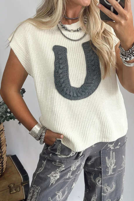 Vit virkad hästsko-stickad kortärmad tröja