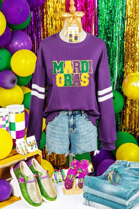 Tillandsia Purple Mardi Gras Patched Graphic Varsity Sweatshirt LC25321118-P8