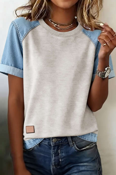Beżowa dżinsowa koszulka z okrągłym dekoltem i patchworkowym blokiem kolorów