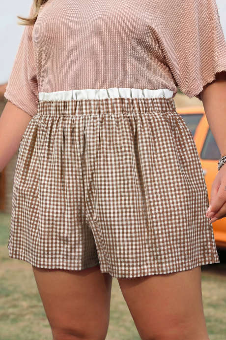 Khaki Contrast Trim Plaid Print Plus Size Shorts
