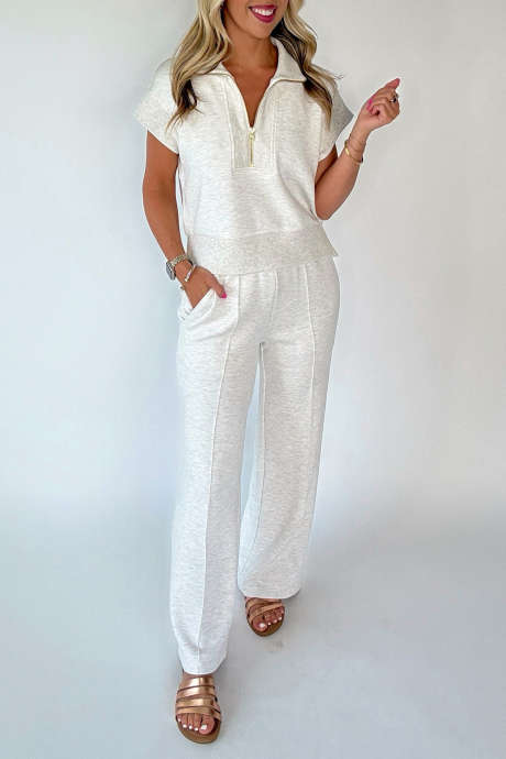 Ljusgrå pikétröja med halv dragkedja, casual set med byxor