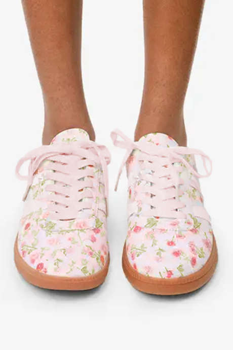 Jasnoróżowe, sznurowane, płaskie buty ze skóry PU z nadrukiem kwiatowym