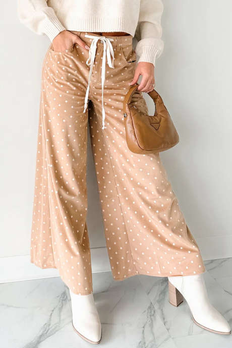 Khakifarbene Hose mit Polka-Dot-Muster, Kordelzug und weitem Bein