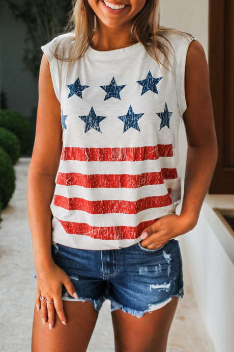 Valkoinen Vintage-kuvioinen Tähti- ja Raitakuvioinen Rento Toppi