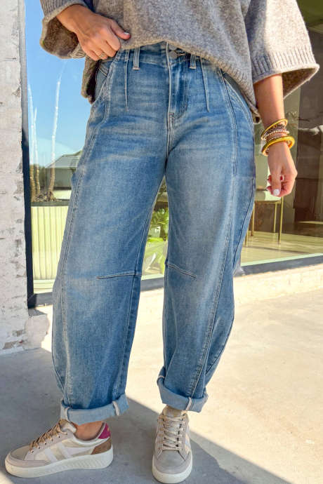 Sky Blue Medium Wash Cuffed Barrel Jeans