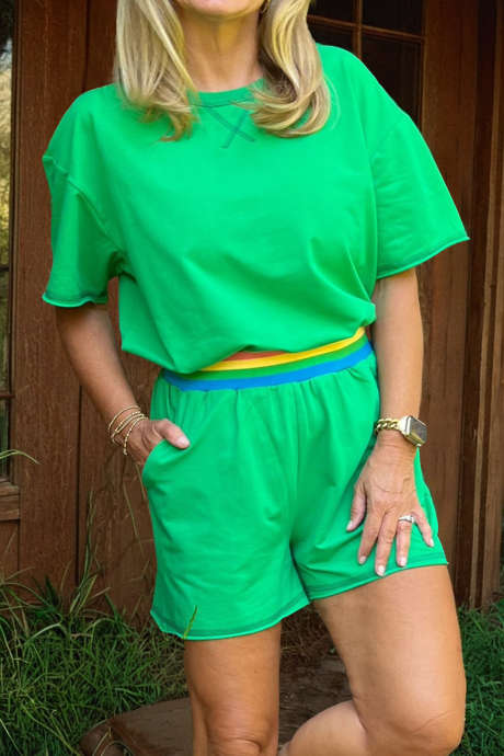 Green Seam Detail Raw Edge Tee Rainbow Waistband Casual Short Set