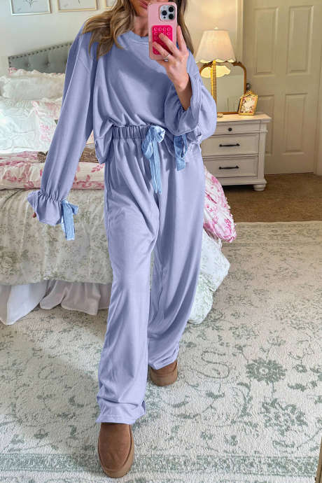 Beau Blue Flounce Long Sleeve Top Drawstring Pants Contrast Velvet Bow Knot 2pcs Lounge Set